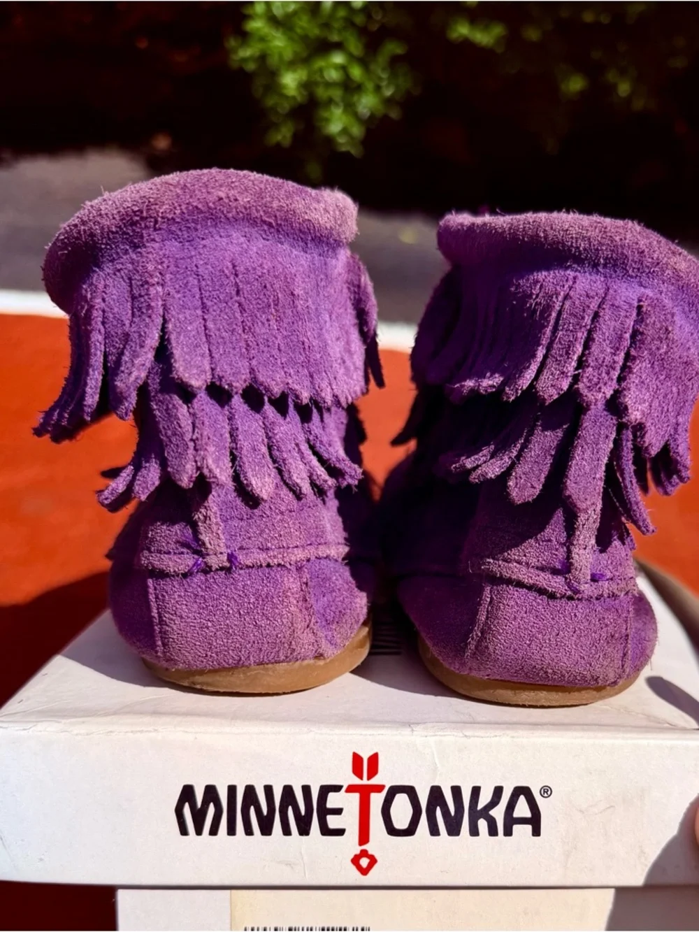 Minnetonka Kids Purple Suede Fringe Moccasin booties in box